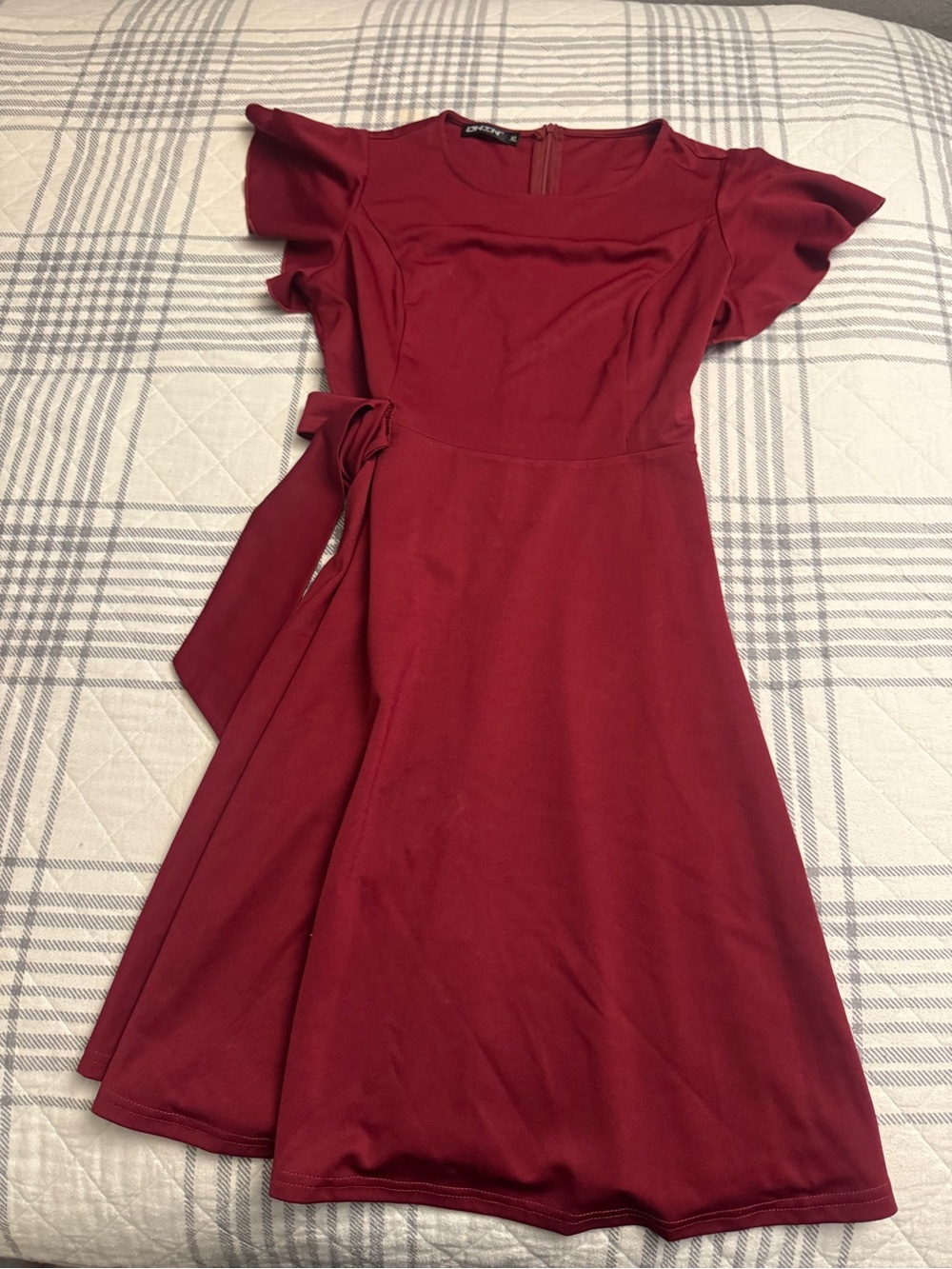 Tie-Waist Burgundy Midi Dress with Flutter Sleeves